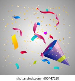 Exploding Colorful Confetti Popper on glowing silver background.Vector festive illustration. Holiday decorative tinsel element for design. Falling shiny confetti glitters texture.