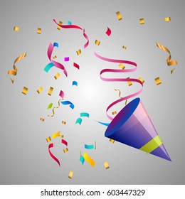 Exploding Colorful Confetti Popper on glowing silver background.Vector festive illustration. Holiday decorative tinsel element for design. Falling shiny confetti glitters texture.
