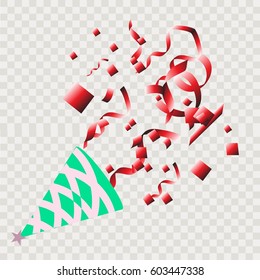 Exploding Colorful Confetti Popper on transparent checkered background.Vector festive illustration. Holiday decorative tinsel element for design. Falling shiny confetti glitters texture.