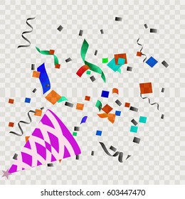 Exploding Colorful Confetti Popper on transparent checkered background.Vector festive illustration. Holiday decorative tinsel element for design. Falling shiny confetti glitters texture.