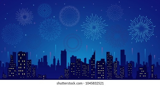 Exploding colorful fireworks display on night sky over cityscape, buildings. Stars,skyline and salute.