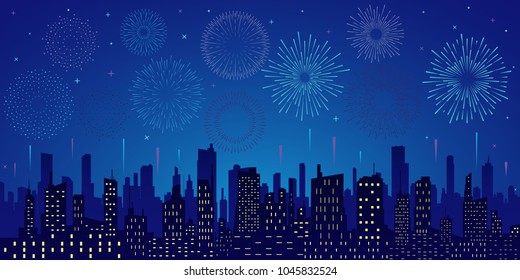Exploding colorful fireworks display on night sky over cityscape, buildings. Stars,skyline and salute.