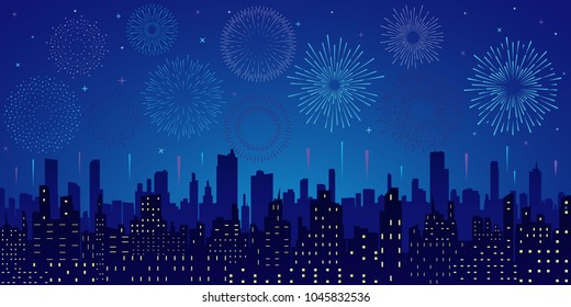 Exploding colorful fireworks display on night sky over cityscape, buildings. Stars,skyline and salute.