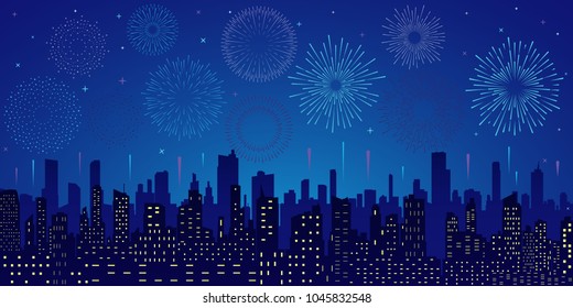 Exploding colorful fireworks display on night sky over cityscape, buildings. Stars,skyline and salute.