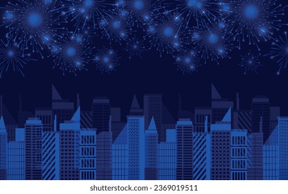 Exploding colourful fireworks display on night sky over cityscape, buildings. Stars, skyline and salute