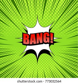 Exploding comic green background with red Bang inscription white speech bubble horizontal halftone effects and rays in pop art style. Vector illustration