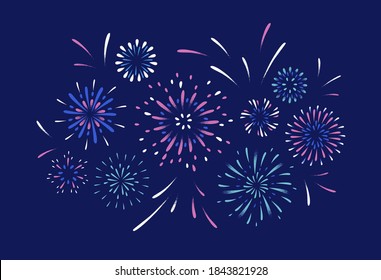 Exploding festival firework. Festive show in night sky. Flashes of celebratory salutes. Holiday celebration scene. Colorful flat vector cartoon illustration