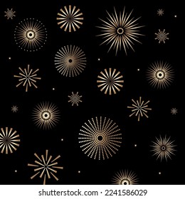 Exploding festival firework. Festive show in night sky. Flashes of celebratory salutes. Holiday celebration scene. Colorful flat vector cartoon illustration
