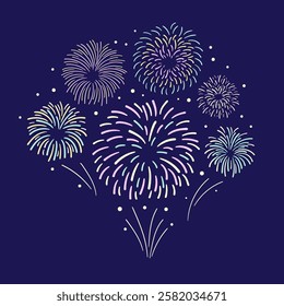 Exploding festival fireworks card. Flat simple design concept for holiday banner, poster, flyer, decorative elements. Fireworks on purple background. Vector illustration