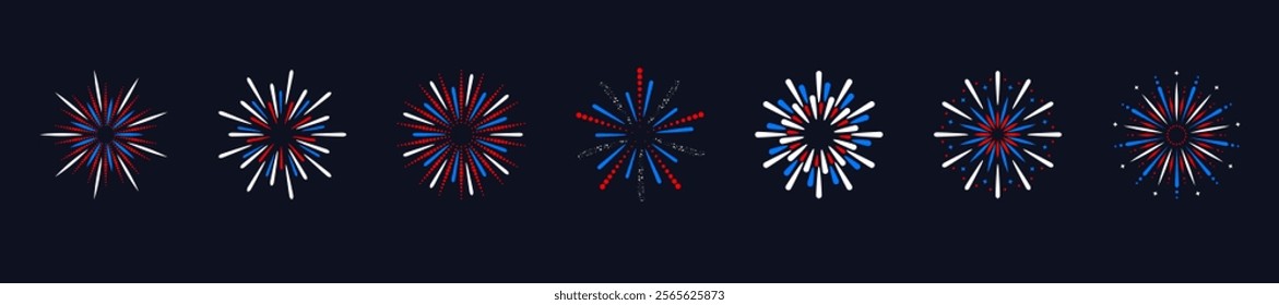 Exploding festival fireworks set. Design elements for holiday banner, poster, flyer, greeting card. Vector illustration