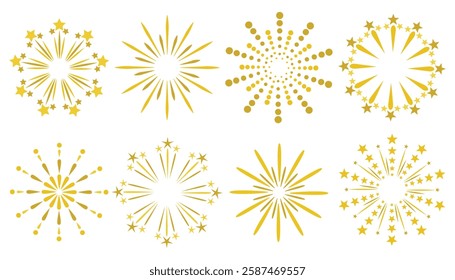 Exploding festival fireworks set. Flat style. Design concept for holiday banner, poster, flyer, greeting card, decorative elements.