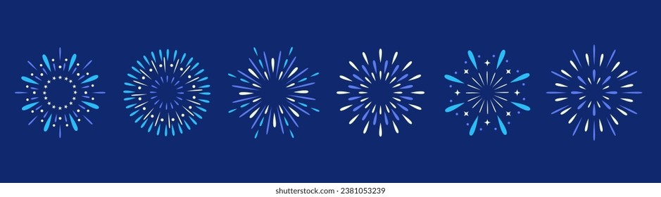 Exploding festival fireworks set, Isolated on blue background. Flat style. Design concept for holiday banner, poster, flyer, greeting card, decorative elements 