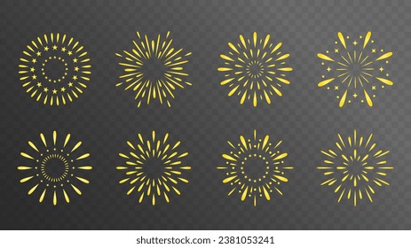 Exploding festival fireworks set, Isolated on transparent background. Flat style. Design concept for holiday banner, poster, flyer, greeting card, decorative elements 