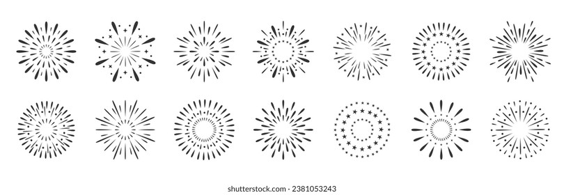 Exploding festival fireworks set, Isolated on white background. Flat style. Design concept for holiday banner, poster, flyer, greeting card, decorative elements 