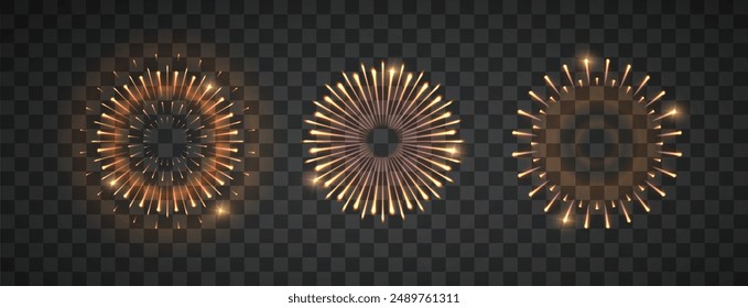 Exploding festival fireworks set, Isolated on dark background. Design concept for holiday banner, poster, flyer, greeting card, decorative. Realistic vector