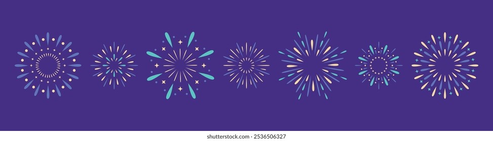 Explosión festival de fuegos artificiales conjunto aislado sobre fondo púrpura. Estilo plano. Concepto de diseño para el Anuncio de vacaciones, cartel, volante, tarjeta de felicitación, Elementos decorativos. Afiche de Feliz Año Nuevo. Tarjeta Diwali