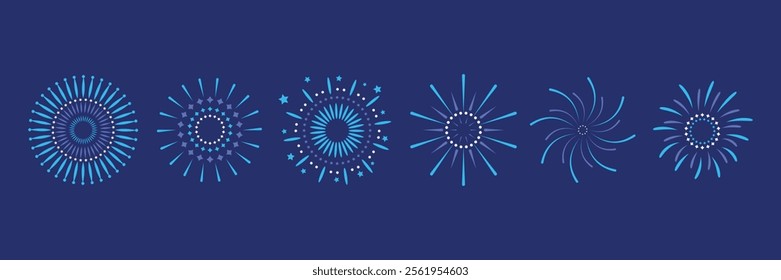 Exploding festival fireworks set, Isolated on blue background. Flat style. Design concept for holiday banner, poster, flyer, greeting card, decorative elements