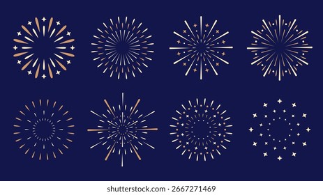 Exploding festival fireworks set, Isolated on dark blue background. Flat simple design. Concept banner for holiday cards, decorative elements. Salutes trendy illustration