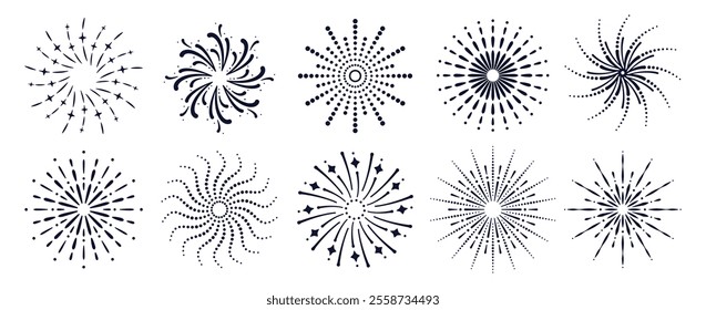 Exploding Festival Fireworks with Stars and Sparks. Firecracker, Confetti, Sparkler, Salute, Petard. Celebration and holiday icons for greeting card, holiday banner, poster, flyer. Vector isolated