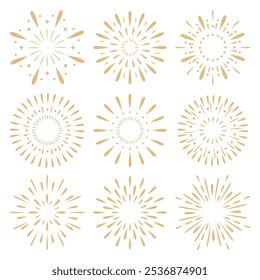 Exploding festival gold fireworks set, Isolated on white background. Design concept for holiday banner, poster, flyer, greeting card. Flat simple style vector. Decorative elements for animation