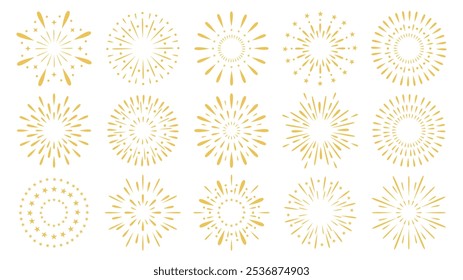 Explosión festival de fuegos artificiales de oro conjunto, aislado sobre fondo blanco. Concepto de diseño para el Anuncio de vacaciones, cartel, volante, tarjeta de felicitación. Vector de estilo simple plano. Elementos decorativos para la animación