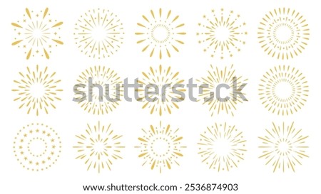 Exploding festival gold fireworks set, Isolated on white background. Design concept for holiday banner, poster, flyer, greeting card. Flat simple style vector. Decorative elements for animation