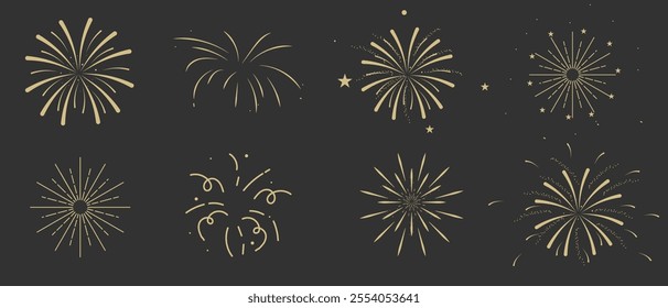 Exploding festive fireworks isolated on black background. Flat style. For holiday banner, poster, flyer, greeting card, decorative elements.Vector