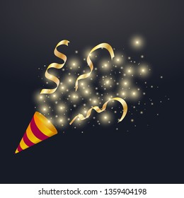 Exploding festive party popper with gold shining star, ribbon confetti, bright cartoon birthday cracker. Vector illustration of celebration symbol emoji.