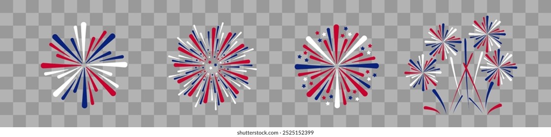 Exploding Fireworks Fourth of July. Set of fireworks with a red and blue stars and sparks . United states of america independence day fireworks. Red, blue fireworks for 4th of July .
