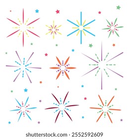 Exploding fireworks isolated on white background. Flat style. Design concept for holiday banner, poster, flyer, greeting card, decorative elements.Vector illustration