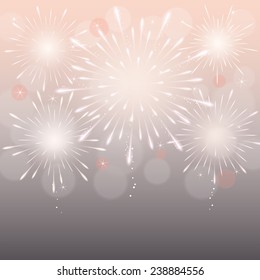 exploding fireworks on light blurry night sky background. vector.
