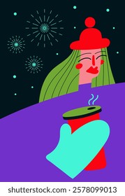 Сolorful exploding fireworks in the sky with girl and hot drink. Festive evening Design for celebration card, poster, festival banner. Flat vector illustration.