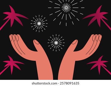 Сolorful exploding fireworks in the sky with hand with palms. Design for celebration card, poster, festival banner. Flat vector illustration.