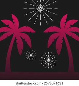 Сolorful exploding fireworks in the sky on island . Design for celebration card, poster, festival banner. Flat vector illustration.