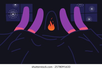 Сolorful exploding fireworks in the sky in window and love couple in bad. Design for celebration card, poster, festival banner. Flat vector illustration.