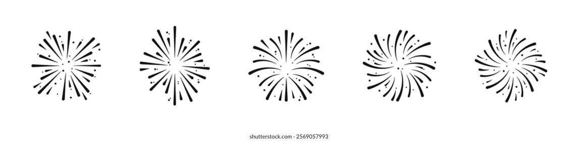 Exploding fireworks. Fireworks vector illustration. Pyrotechnics show. Beautiful light performance. Pyrotechnic icons