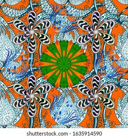 Exploding flowers abstractly placed. Gentle, spring floral on blue, orange and neutral colors. Vector pattern. Vector illustration.