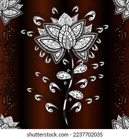 Exploding flowers abstractly placed. Vector illustration. Vector pattern. Gentle, spring floral on black, brown and white colors.