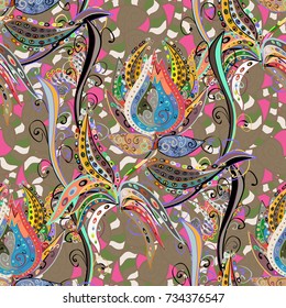Exploding flowers abstractly placed. Vector illustration. Vector pattern. Gentle, spring floral on beige, pink and green colors.