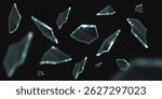 Exploding flying shards of broken glass, different shapes and sharp jagged edges. Crystal, mirror, window, ice, screen. Collision. Transparent black background. Isolated vector illustration.