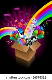 Exploding gift box on black. All elements are layered separately in vector file.