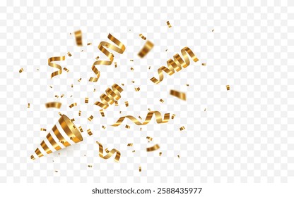 Exploding gold party popper with confetti and ribbon. Celebration carnival shiny glitter, luxury greeting card. Vector illustration.