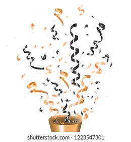 Exploding gold party popper with serpentine. Shine ribbon and confetti, glitter, stars, streamer. Holiday design.