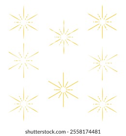 Exploding golden fireworks isolated on white background in flat style. Design elements for holiday banner, poster, flyer, greeting card.