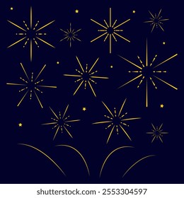 Exploding golden fireworks.Flat style. Design concept for holiday banner, poster, flyer, greeting card, decorative elements.Vector illustration