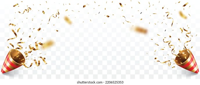 Exploding golden party popper with confetti and ribbon banner 