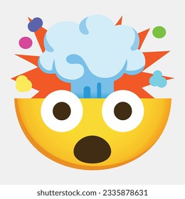 Exploding Head vector icon. Isolated yellow face with an open mouth, the top of its head exploding. Shock, awe, amazement, disbelief emotion sign emoji sticker.