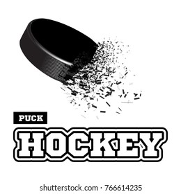 Exploding hockey puck with flying particles on a white background. Vector