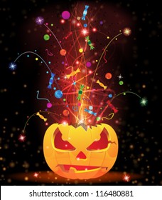  Exploding Jack O'Lantern with sparks, candy and confetti. Halloween fireworks