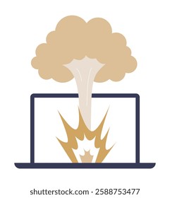 Exploding Laptop In Flat Vector Illustration Symbolizing Cyber Threats, Data Loss, And Computer Virus Attack, Isolated On White Background